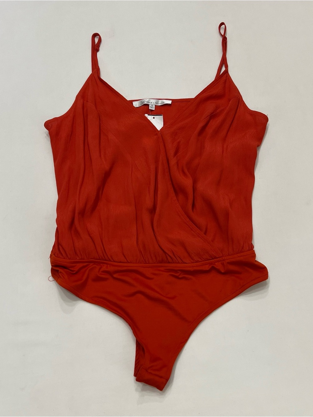 Lover + Friends Faux Wrap V Neck Bodysuit Sz Med Burnt Orange Draped Thin Straps